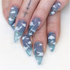 24Pcs/set Stiletto Shape Fake Nails Sky Blue Love Beach Love Summer Glitter Pointed Ladies Press On Designed Nail Tips Cloud