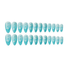 24Pcs/set Stiletto Shape Fake Nails Sky Blue Love Beach Love Summer Glitter Pointed Ladies Press On Designed Nail Tips Cloud